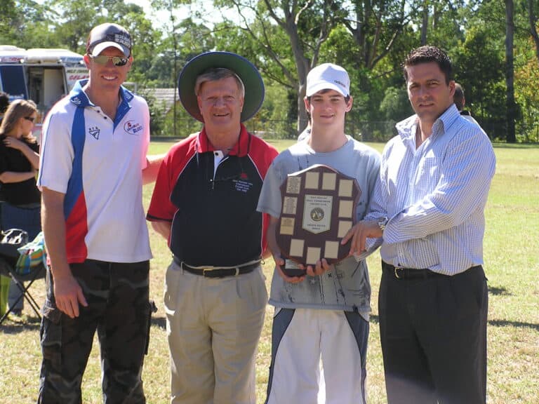 The Arthur Souter Shield with Dominic Thornely, Arthur Souter and Hornsby Mayor Nick Berman. This Award is given to every Kanga graduate who has progressed through U16's. The recipients of this Award for 2005-06 are: Mark Bennett, James McBrien, Tim Scoular, Dylan Brogan and Charith Mayadunne.