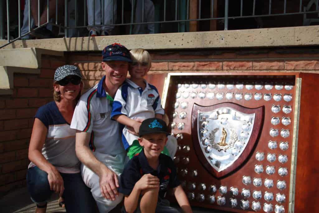 James Makin (A1 Captain) with Fiona, Oliver and Jack with the T E Rofe ('Rofie') Challenge Shield. James is our most successful A1 Grade Captain having won Rofie for a Club record 4th time. James will be remembered as one of our greatest Leaders and most successful Captains - Rofie 4 Vs Berowra @ Asquith Oval, 28th & 29th March 2015.