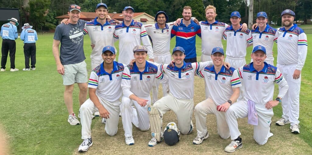 A1 Semi Final Win 122 & 120 Vs Hornsby 117 & 50. Players from left to right (back row): James Makin (SEniors Director), Jackson Preedy, Phil Wurth, Ashane De Silva, Jack Hando, Cam McBrien (Captain #25), Harry Hando, Tom Hando, Lachlan McBrien; Front row: Tis Mistry, Andy Miekle, Billy Gaunt, Luke Herzog, Campbell Wallace - Turramurra Oval 08033025