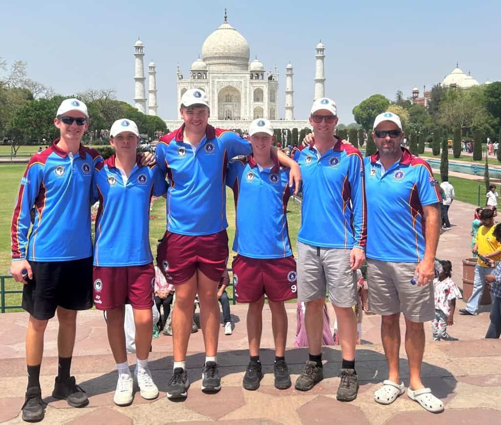 India Coaches' Association at The Taj Mahal - from left: Connor Hindmarch (A2 Red), Jimmy Wilkin (C3), Dan Fagg (C3), Oliver Makin (A2 Red), James Makin (A2 Red) and Mick Wilkin (C3) - 15042025