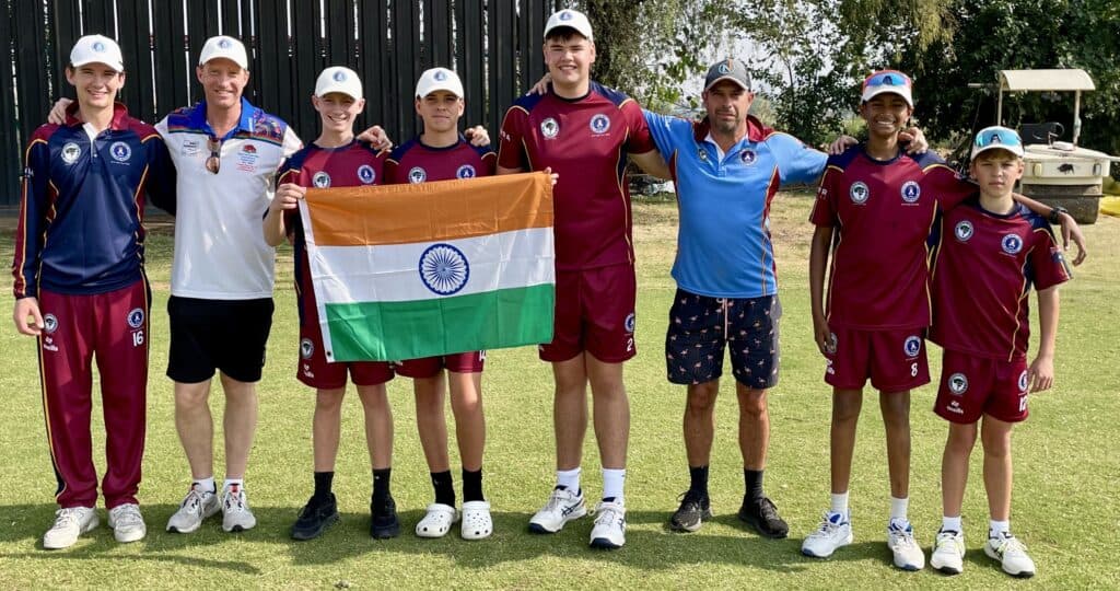 India Coaches Association Tour India - Coaches Association tour. From left: Connor Hindmarch (Coach), James (wearing West Penno playing shirt) & Oliver Makin-A2 Red; Jimmy Wilkin, Daniel Fagg, Mick Wilkin (C3) plus Arjun Kodaganti, Hayden Ross (former WPHC Juniors) @ Power Play Sports Academy vs GD Goenka U15 - Delhi on Sunday 13 April 2025