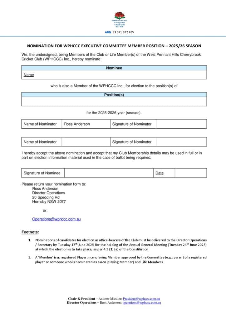 Committee Member Nomination Form 2025 26 Season