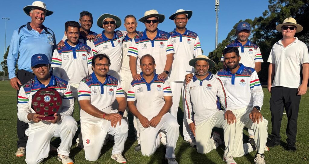 C4 - Grand Final - Premiers 99 & 8/44 Vs Hornsby 59. Players from left to right: Players (left to right): Adam Hawken (Umpire), Jashwant Upadhyay, Amith Ninan, Siby Joseph, Sahil Kirpalani, Praveg Arkadi, Tushar Bambharoliya , Nirav Desai, James Slade (Umpire) Front row: Arindam Dhar, Anant Wankhade, Ravi Gunna (C), Rohit Bhalla, Vishnu Rajesh - Montview East - 15032026