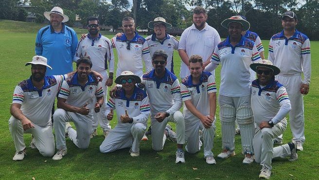 D1 Blue Grand Final - Runners up (9/146) Vs Hornsby 9/147. Players (l to r): Gavin Wingfield (Umpire), Mahesh Shinde, Mahesh Kadaganchi, David Tanna, Cory Brookhouse, Roger Friend (Captain & obscured), Niranjan Suruliappan, Front row: Tej Singh Randhawa, Bala Raghurama, Sandeep Pathak, Vinoth Sambasivam, Daniel McEwen, Malinda Dharmadasa, Sheehan Fernando @ Campbell Park - 14032026