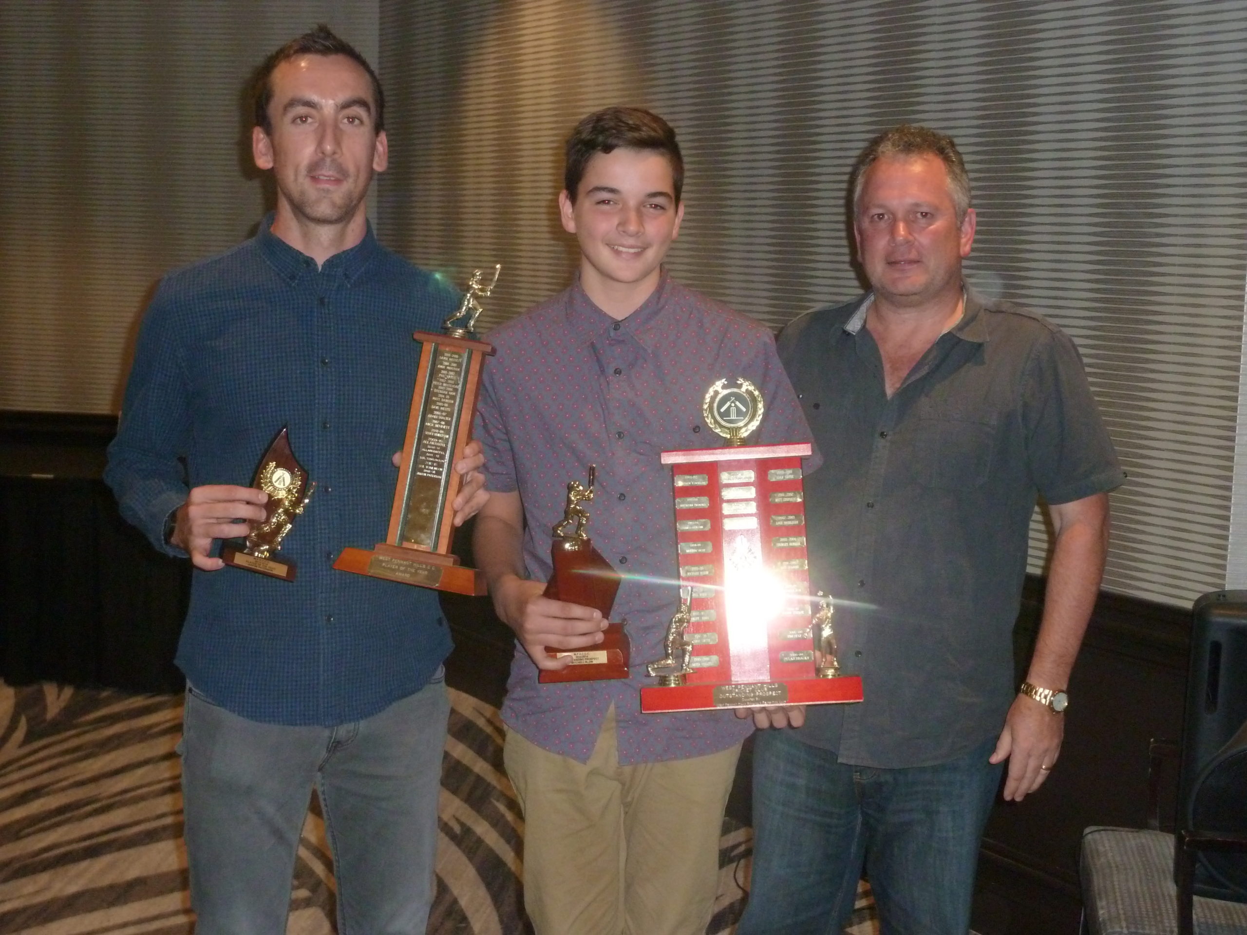 Player of the Year Justin Paterson (left) and Outstanding Prospect for 2013/14. Mitchell Blow with Andrew Fiedler at the Seniors Presentation Night - Castle Hill RSL Friday 4th May 2014. Justin (C1) scored 499 runs @ 31.2 and took 56 wickets @ 9.3. Mitchell took 34 wickets @ 6.2 to set an all-time C3 Grade Association record for best bowling average. Seniors Presentation Night, Castle Hill RSL Friday 2nd May 2014.
